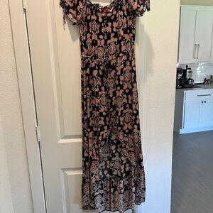 Floral Boho High Low Maxi Dress Black Pink Tie Waist Button Front Size M